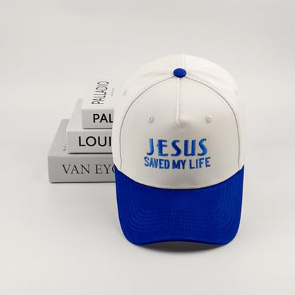Embroidered Christian Two-Tone Baseball Cap for Men & Women, Adjustable Dad Hat Christmas Easter Gift - color: Jesus Saved My Life, Navy Blue/Beige