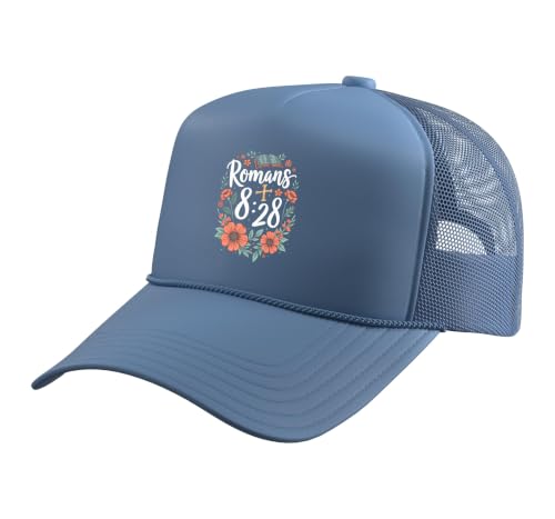 Romans 8:28 Bible Verse Flowers Cross Christian Women Trucker Hat with Adjustable Mesh Back - color: Light Blue