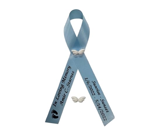 Personalized Memorial Service Funeral Ribbon Pins 20 Cross Religious Celebration of Life Custom Made Awareness Remembrance Anniversary Death Cross Sympathy Name Angel - color: Pastel Blue