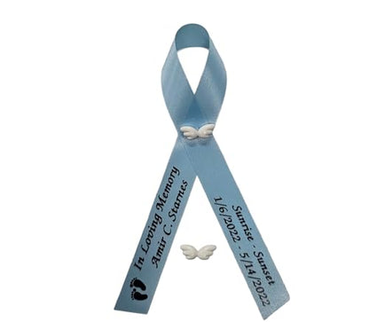 Personalized Memorial Service Funeral Ribbon Pins 20 Cross Religious Celebration of Life Custom Made Awareness Remembrance Anniversary Death Cross Sympathy Name Angel - color: Pastel Blue