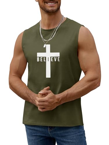 Men's Cotton Graphic Tank Tops Jesus Cross Believe Printed Faith Christian Shirts - color: ##Army Green, size: 3X-Large