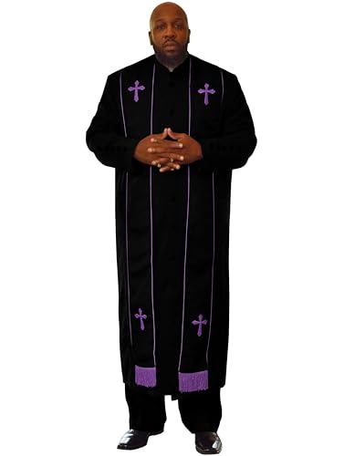 Clergy Robes for Men Pastor with Bordered Stole – Elegant Church Minister Robe with Cross Design Stole - color: Black/Purple, size: 40 Chest 60 Length