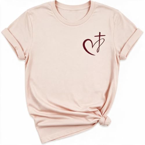 Muicy Women's Cross Heart Print Cotton Christian T-Shirts Religious Christian Tops for Summer Church 2026 - color: Light Pink, size: Large
