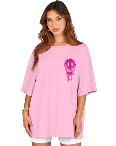 Womens Oversized Tshirt Graphic Tees Crew Neck Summer Short Sleeve Tops - color: A-letter Print Pink, size: Medium