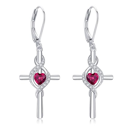 ONEFINITY Cross Earrings for Women 925 Sterling Silver Cross Birthstone Dangle Drop Earrings Infinity Cross Religious Jewelry Gifts for Women - color: 07-Jul-Created Ruby