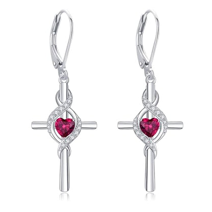 ONEFINITY Cross Earrings for Women 925 Sterling Silver Cross Birthstone Dangle Drop Earrings Infinity Cross Religious Jewelry Gifts for Women - color: 07-Jul-Created Ruby