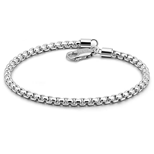 H&Beautimer Solid 925 Sterling Silver - Classic Men's 3MM Box Chain Bracelet - Original Silver Party Jewelry Bracelet 6.3-6.7-7-7.5-8-8.5-9'' - Handmade in Italy - color: Silver, size: 8 Inches