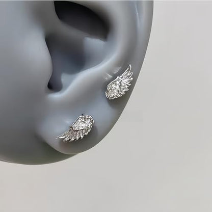 Angel Wing Earrings for Women Statement Flat Back Cartilage Stud Earrings Trendy Angel Wing Helix Piercing Stud Silver Cubic Zirconia Earring Jewelry Accessories - color: Silver