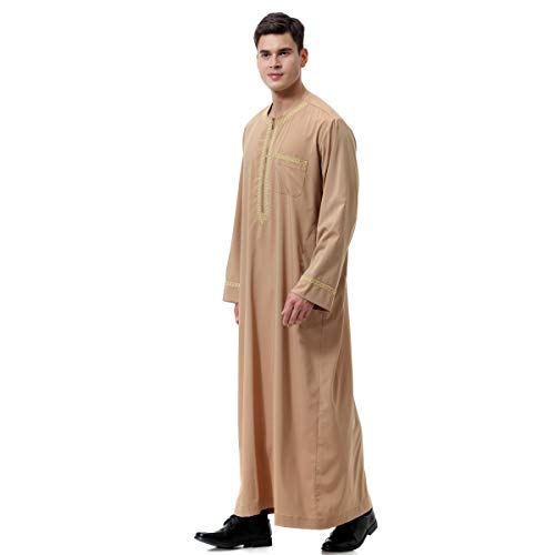 Lenmipot Men's Muslim Clothes Durable Kaftan Robe Dubai Long Gown Ethnic Clothes,1pc Soft Robe - color: A Light Tan, size: Large