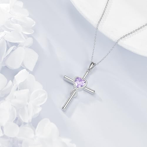 S925 Sterling Silver Cross Necklace for Women Birthstone Necklace Heart Infinity Cross Pendant Necklace Christmas Valentines Day Gifts Birthday Holiday Gifts for Her, 18"+2" Inches - color: 06-Jun Birthstone - Alexandrite