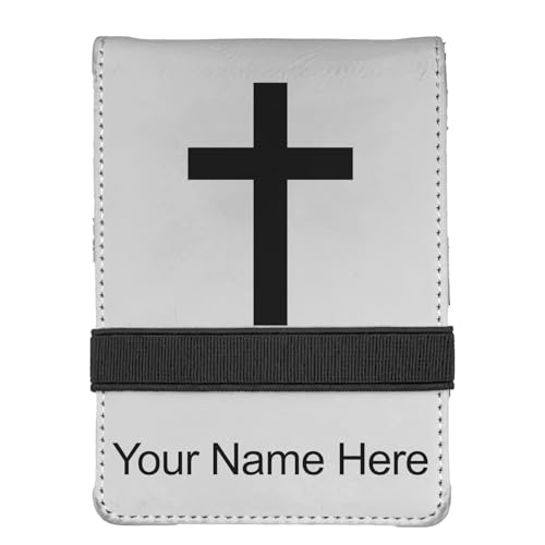 LaserGram Mini Padfolio with Notepad and Pen, Christian Cross, Personalized Engraving Included (White) - color: White