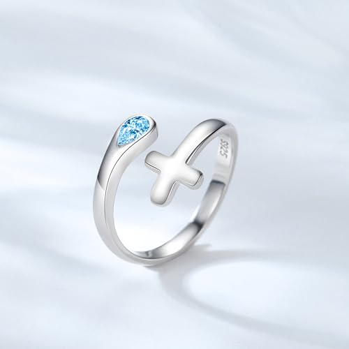 Jinlou Thumb Rings for Women - 925 Sterling Silver Birthstone Open Teardrop Encouragement Adjustable Ring Women Gifts for Teens Mom Birthday Mother's Day St Patricks Day - color: March, style: Cross CZ Ring