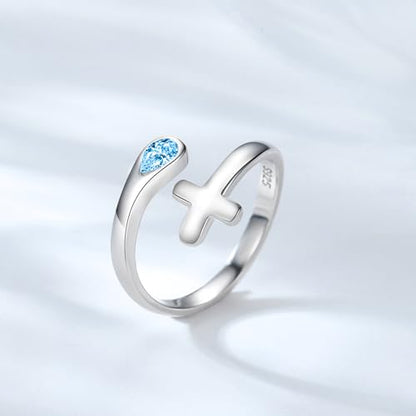 Jinlou Thumb Rings for Women - 925 Sterling Silver Birthstone Open Teardrop Encouragement Adjustable Ring Women Gifts for Teens Mom Birthday Mother's Day St Patricks Day - color: March, style: Cross CZ Ring
