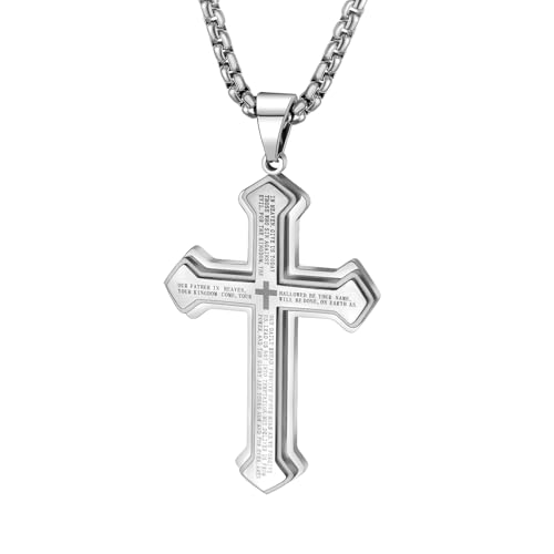 Cross Pendant for Car Rear View Mirror Hanging Charm Car Decor Mirror Accessories Ornament Auto Interior Jesus Cross Necklace with Lord's Prayer Men Christian Gift - color: Silver