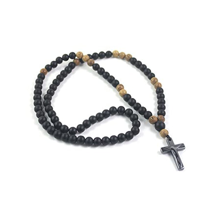 COLORFUL BLING Natural Wooden Catholic Rosaries Wood Crucifix Prayer Beads Pendant Necklace Prayer Jesus Religious Cross Rosary Necklace Handmade Jewelry - color: black agate