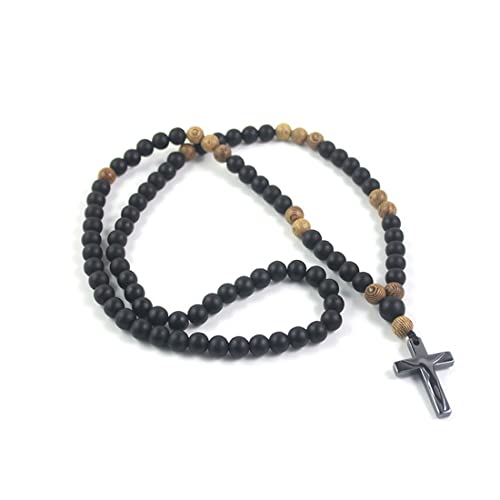 COLORFUL BLING Natural Wooden Catholic Rosaries Wood Crucifix Prayer Beads Pendant Necklace Prayer Jesus Religious Cross Rosary Necklace Handmade Jewelry - color: black agate