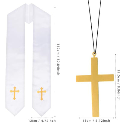 Yewong 4 Pieces Adult Father Costume Accessories Set Embroidery Clergy Stole Shirt Neck Collar Cross Pendant Necklace and Glasses for Halloween Cosplay Party