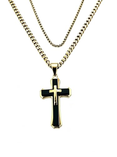 Men's Layered Cross Pendant Necklace, 2.1x1.2 inch Religious Charm, 21.6" 5mm Stainless Steel Cuban Chain, 18K Gold & Black Plated, Bonus 23.6" Square Pearl Chain, Marble Gift Box for Dad - color: Gold & Black
