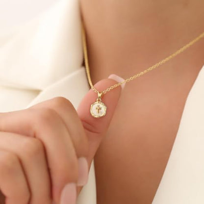 Gold Enamel Mini Cross Necklace Tiny Mother of Pearl Cross Necklace Religious Christian Gift for Baptism First Communion Christmas - color: small mother of pearl cross (10mm)-gold
