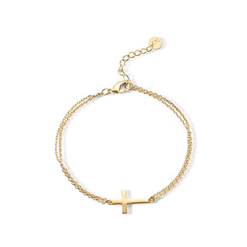 PAVOI 14K Gold Plated Sideways Cross Bracelet for Women, Religious Bracelet - style: Double Chain