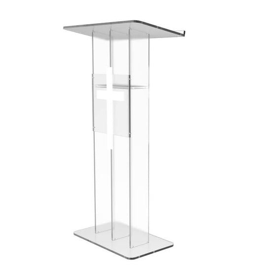 FixtureDisplays® Clear Podium Plexiglass Lecturn Transparent Church Pulpit with Christian Church White Cross Trinity Style Easy Assebmly Required 15411+1803CROSS