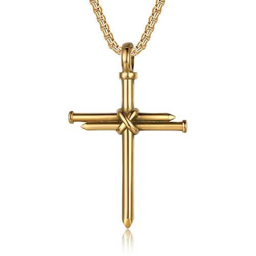 Nail Cross Necklace for Men Stainless Steel Chain 24inch 3 Nails Jesus Cross Pendant Christian Gifts for Dad 3 Colors - color: Gold
