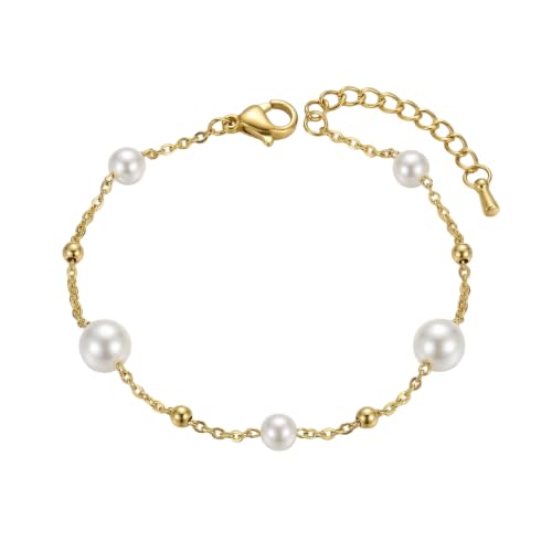 18K Gold Plated Pearl Beaded Cross Bracelets for Women Adjustable - color: Multi Pearls Beads-Gold