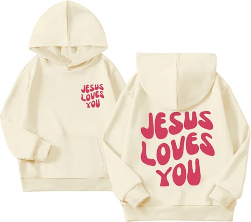 Christian Jesus Loves You Hoodie For Teen Girls Cute Graphic Hoodies Kids Bible Verse Faith Sweatshirt God Pullover - color: Apricot, size: 3-4T