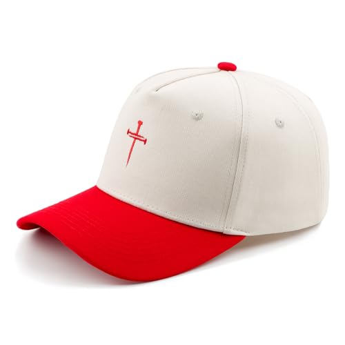Embroidered Christian Two-Tone Baseball Cap for Men & Women, Adjustable Dad Hat Christmas Easter Gift - color: Jesus 3 Nail Cross Shape, Red/Beige