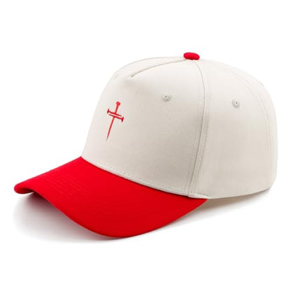 Embroidered Christian Two-Tone Baseball Cap for Men & Women, Adjustable Dad Hat Christmas Easter Gift - color: Jesus 3 Nail Cross Shape, Red/Beige