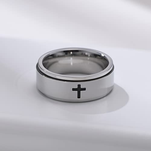 6mm/8mm Titanium Steel Black/Silver/Gold Fidget Ring Engraved Small Cross Stainless Steel Spinner Rings Stress Relieving Anxiety Ring Engagement Wedding Promise Band for Women Men Size 5-15 - color: 8mm Silver