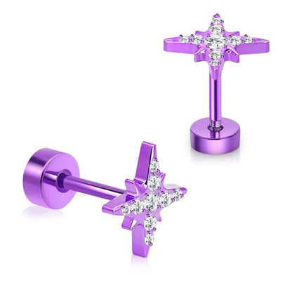 XUU Purple Stud Earrings 20G ASTM F136 Implant-Grade Titanium - color: purple cross star