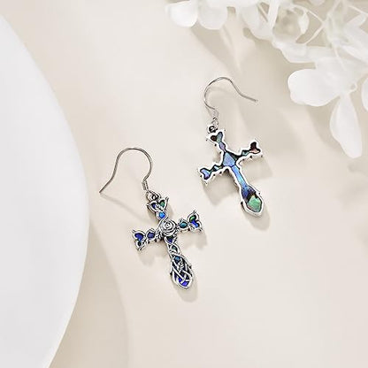 Cross Earrings 925 Sterling Silver Dangle Earring Gifts for Women - style: Rose flower