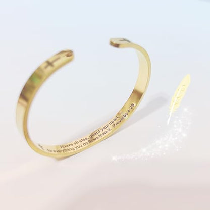 RENYILIN Religious Prayer Bracelet Christian Cross Cuff - color: Gold & Matthew 28：20