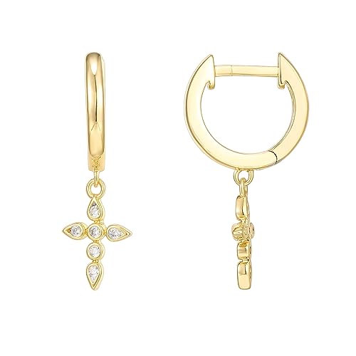 PAVOI 14K Gold Plated 925 Sterling Silver Posts Cross Earrings for Women | Small Religious Faith Cubic Zirconia Cross Studs Huggies Earrings - style: Dangle