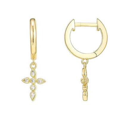 PAVOI 14K Gold Plated 925 Sterling Silver Posts Cross Earrings for Women | Small Religious Faith Cubic Zirconia Cross Studs Huggies Earrings - style: Dangle