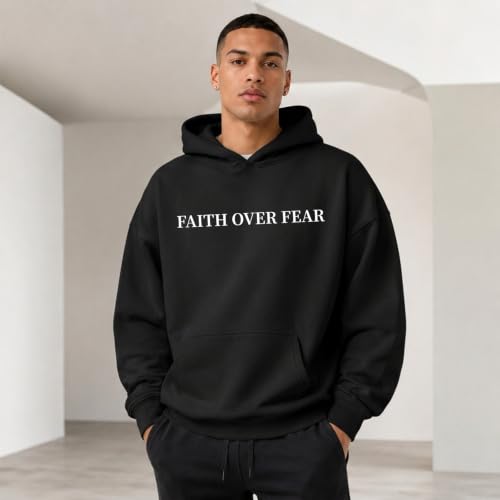 Faith Over Fear Christian Hoodies for Men Religious Jesus Hoodie Bible Verse Graphic Sweatshirt Fleece Pullover - color: Black, size: Medium