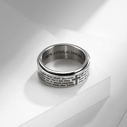 8MM Stainless Steel Bible Verse Christian Lord's Prayer Cross Ring Spinner Wedding Bands for Men Women - color: Silver