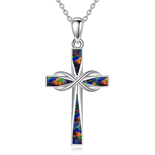 ONEFINITY Cross Necklace 925 Sterling Silver Cross Pendant Religious Jewelry Gifts - style: Fire Opal