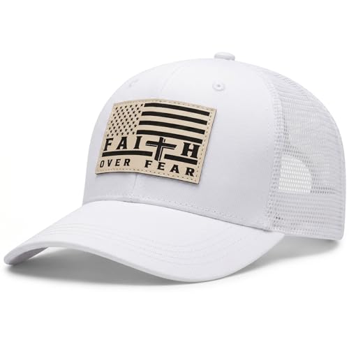 Faith Over Fear Christian Hats for Men Women, American Flag Trucker Hat, Religious Gifts for Thanksgiving Christmas - color: White