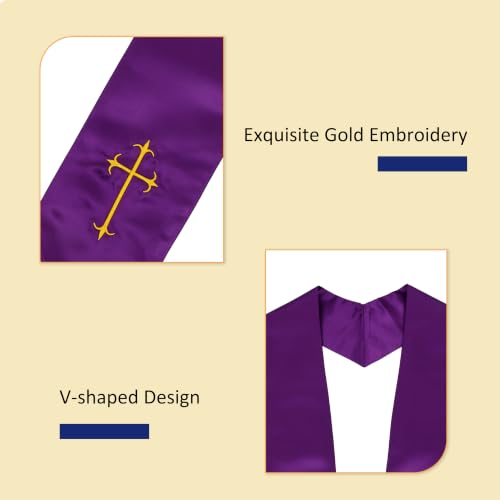 Clergy Stole, Choir Stole with Cross Embroidery 60'' - color: Purple