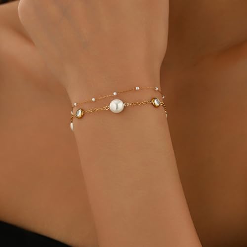 18K Gold Plated Pearl Bracelets for Women Dainty Waterproof - style: Layer CZ Pearl-Gold