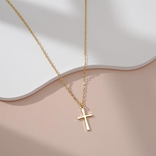 Cross Necklace for Women, Dainty 14K Gold Plated CZ Pendant - color: Gold-dainty plain cross