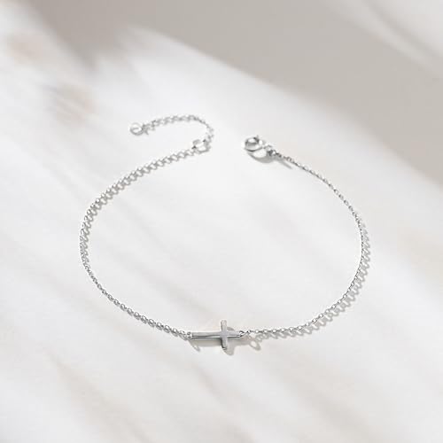 LUCA SMITH 925 Sterling Silver Cross Bracelet for Women Adjustable Stackable Dainty 14K Gold/Silver Cute Tiny Symbolic Cross Pendant Charm Link Chain Faith-Based Jewelry - color: silver