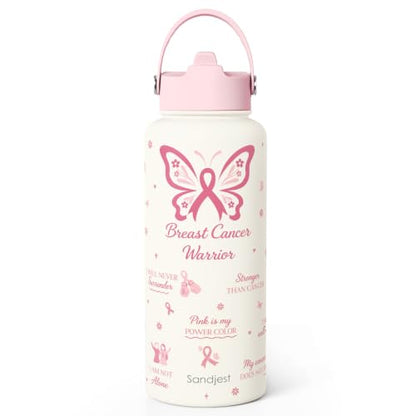 Breast Cancer Awareness Stainless Steel Water Bottle 32 Ounces with Lid & Straw, Sport Insulated Bottles for Girls Women - color: Breast Cancer Awareness