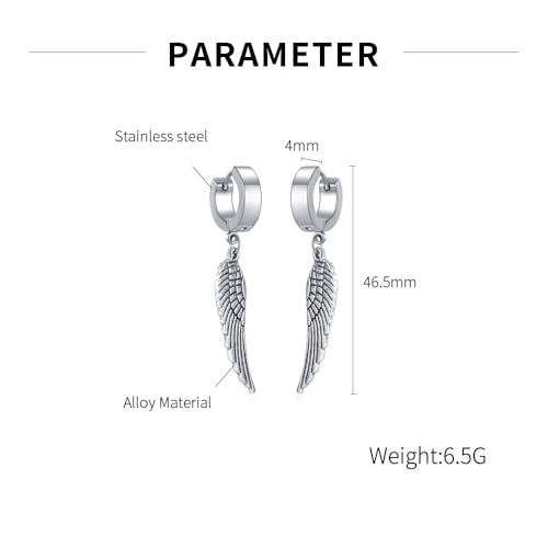 Angel Wings Huggie Hoop Earrings for Women Men Punk Stainless Steel Silver Feather Dangle Drop Earrings Trendy Mini Small Cuff Hoop Earring Hypoallergenic Wing Statement Earring Halloween Birthday Party Jewelry