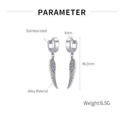 Angel Wings Huggie Hoop Earrings for Women Men Punk Stainless Steel Silver Feather Dangle Drop Earrings Trendy Mini Small Cuff Hoop Earring Hypoallergenic Wing Statement Earring Halloween Birthday Party Jewelry