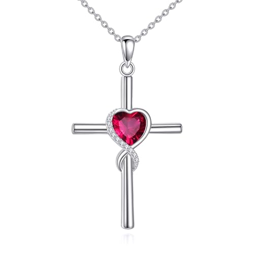 S925 Sterling Silver Cross Necklace for Women Birthstone Necklace Heart Infinity Cross Pendant Necklace Christmas Valentines Day Gifts Birthday Holiday Gifts for Her, 18"+2" Inches - color: 07-Jul Birthstone - Ruby