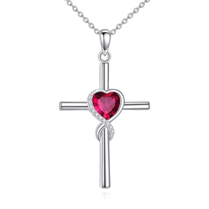 S925 Sterling Silver Cross Necklace for Women Birthstone Necklace Heart Infinity Cross Pendant Necklace Christmas Valentines Day Gifts Birthday Holiday Gifts for Her, 18"+2" Inches - color: 07-Jul Birthstone - Ruby
