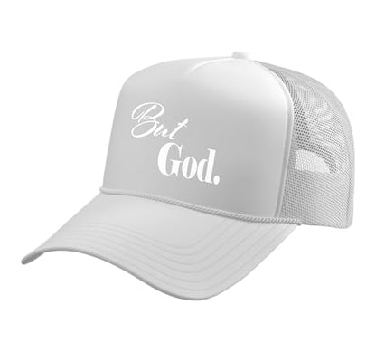 Christian Religious But God Strong Women Men of Faith Gifts Trucker Hat with Adjustable Mesh Back - color: White